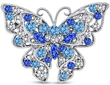 Grande Broche Papillon En Cristal Bleu Pour Femmes Bijou De Mode Design Filigrane Laiton Plaqué Argent