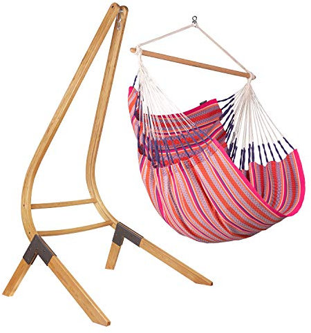LA SIESTA®-Habana Hängesessel Comfort Size + FSC zertifiziertem Holzgestell für Entspannung & Stil: 360° Drehgelenk, hochwertiges Bambusholz -GOTS-zertifizierte Baumwolle. Ideal als Geschenk(Flamingo)