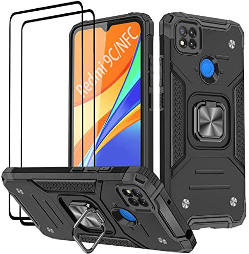 KANSI Coque Compatible pour Xiaomi Redmi 9C NFC/Redmi 9C, Verre Trempé [2 Pièces] Housse TPU Silicone Rotation 360° Aimant Anneau Support Double Défense Protection Etui - Noir