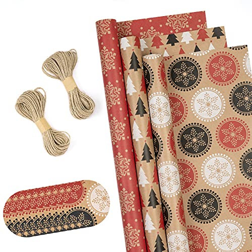 RUSPEPA Rotoli Di Carta Da Regalo Natalizi Con Etichette, Corde Di Iuta - 43 cm X 3 Metri Per Rotolo, Totale Di 3 Rotoli