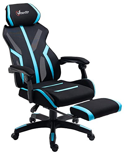 Vinsetto Silla Gaming con Reposapiés Retráctil Silla de Oficina Giratoria Reclinable con Reposacabezas y Altura Ajustable 65x65x119-129 cm Negro y Azul