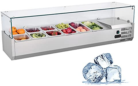 Commercial 63'' Countertop Refrigerated Condiment Prep Station with Rectangular Glass Cover - Sandwich/Salad Bar Refrigerator Prep Station Includes Four 1/4 Pans+ Six 1/6 Pans (Customizable)