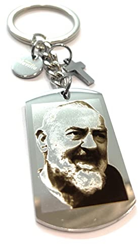 MODA MavillA Schlüsselhalter Vater Ppio Stahl mit Kreuz mit Lasergravur, PortaChiavi Padre pio, Edelstahl, Stahl