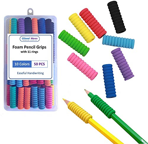 OSteed 50 Pcs Foam Soft Pencil Grips of 11 Rings for Children Handwriting without Tears, School Classroom Essentials, 10 Colors Comfort Pencil Holder for Kids and Adults Relieving Fatigue