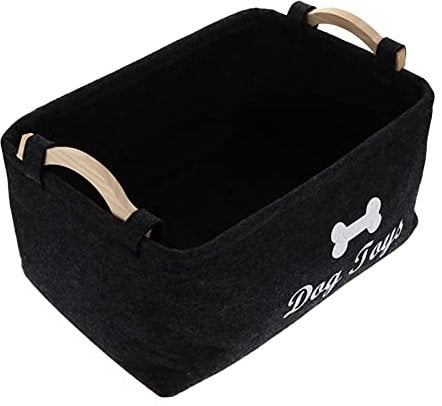 Dog Toy Storage Box, Foldable Rectangular Black Felt Container With Wood Handles, Organizer for Pet Toys, Blankets, Leashes