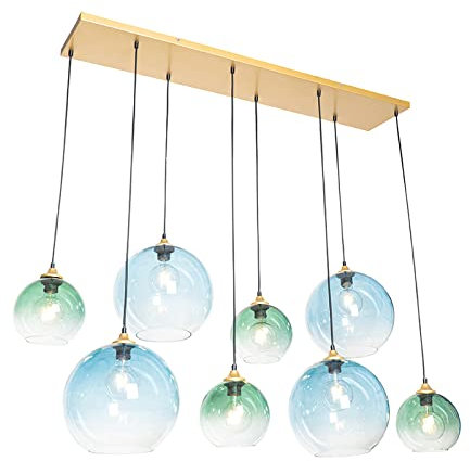 Qazqa - Art Deco Hängelampe I Pendellampe I Pendelleuchte Messing mit blauem und grünem Glas 8 Lichter - Sandra I Wohnzimmer I Schlafzimmer - Länglich - LED geeignet E27