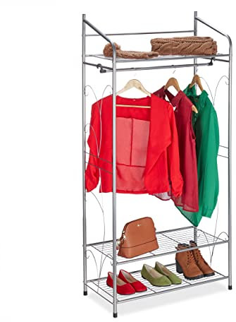 Relaxdays Kleiderständer Metall, Garderobenständer Vintage, HxBxT: 161 x 78 x 36 cm, 3 Ablagen & Kleiderstange, silber