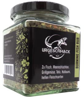 Urgeschmack Eventgrillen Buring Fish Rub 115 g im Glas (Gewürzmischung für Fisch, Meeresfrüchten, Grillgemüse, Tofu, Halloumi, hervorragend für Lachs - Flammlachs) 1er Pack