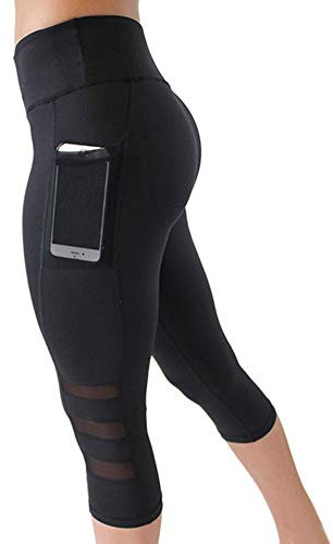 Odizli Sport Leggings Damen Capri Sporthose High Waist Push Up Boot Shape Figurbetonte Legins Sport Leggins Sportleggins Yogahose Caprihose Sommer 3/4 Hose Blickdicht Laufhose mit Taschen Schwarz M