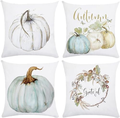 4 Stück Herbst Kissenbezüge,Kissenbezug Herbst 45x45 cm,Kissenhülle Herbst,Herbst Kürbis Kissen Herbst Leinen Kissenbezüge Kürbis Muster Kissenbezug Kissenhülle für Sofa Couch Schlafzimmer Home Dekor