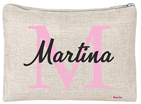 Pochette In Poliestere Juta - Con Chiusura Zip - 20x15 - Decorata con Nome - Regalo Donna - Collezione Personalizzata - Nome Martina