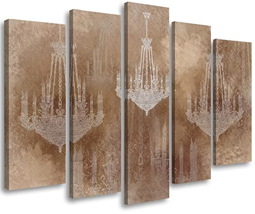 Feeby 5-teilig Vlies Leinwandbild 100x70 cm Kronleuchter Diamant Orient Wanddeko Design Kunstdruck Zimmerdeko Bilderwand Vintage Retro Orange