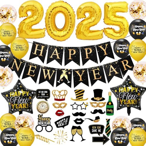 Silvester Deko 2026 Dekoration Set Neujahr Girlande Neujahr Partydeko Silvesterdeko Banner Happy New Year Luftballons Folienballons für Silvester Party Deko 2026