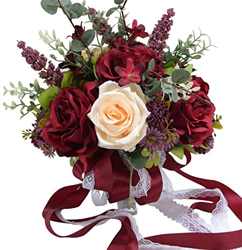 BestAlice Bouquet da sposa artificiale, fatto a mano, in seta, bouquet da sposa, bouquet da sposa reale al tatto, per damigella d'onore, fiori artificiali, rosso