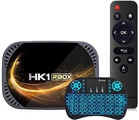 AMITVA Android TV Box 11.0 4GB RAM 128GB ROM Set Top Box Smart TV Box Amlogic S905W4 Ultra HD 8K/4K HDR AV1 WiFi 2.4G 5.8Ghz BT 4.1 USB 2.0 con Mini Teclado Retroiluminado Inalámbrico,4gb+32gb