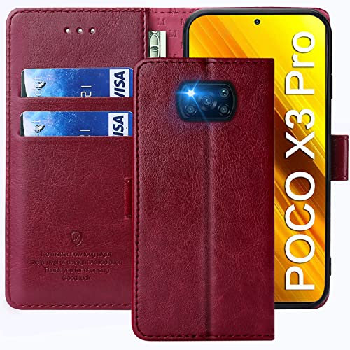 FMPCUON Hülle für Xiaomi Poco X3 NFC/Poco X3 Pro/Poco X3 Handyhülle [Standfunktion][Magnetverschluss] Tasche Flip Case Schutzhülle lederhülle klapphülle,Rot