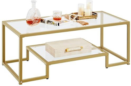 Yaheetech Coffee Table, Tempered Glass Coffee Table with Storage Open Shelf, 2-layer Center Table with Metal Frame for Living Room/Office, Adjustable Feet, Mustard Gold