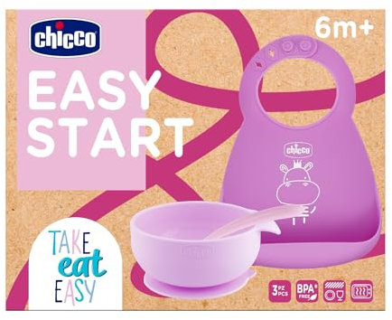 Chicco Silikon Baby Ernährungsset rutschfest, 3-teiliges Weaning Set mit steifem Easy Roll Lätzchen, Easy Bowl Teller und Löffel, 6M+, rosa, BPA frei