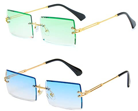 YUELUQU Retro Rahmenlose Sonnenbrille für Damen Herren Mode Retro Rechteck Brille Quadratische durchsichtige Sonnenbrille (B-blau+grün)