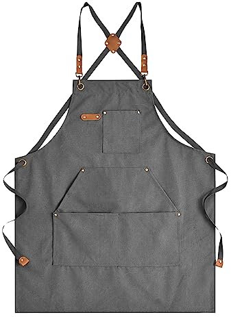 Aoomzoon Canvas Aprons for Men Chef Apron, Work Apron with Large Pockets - Durable 16oz Heavy Duty Cross Back, BBQ, Cooking, Gray, 1 Pack Of