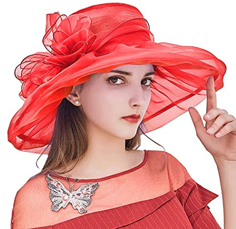 ZESLIV Chapeau en organza pour femme - Chapeau de mariage - Chapeau de soleil avec fleurs en organza - Chapeau d'été - Protection solaire - Chapeau de plage, rouge, 57 cm
