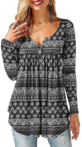 Beluring Ladies Tops Longline V Neck T-Shirts Loose Long Sleeve Tunics Floral Black Size 12 14