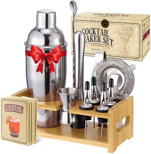 Pejoy Cocktail Shaker Bartender Kit - 12 Piece Stainless Steel Bar Set with Stand, Martini Shaker, Strainer, Jigger, Bar Spoon, Muddler