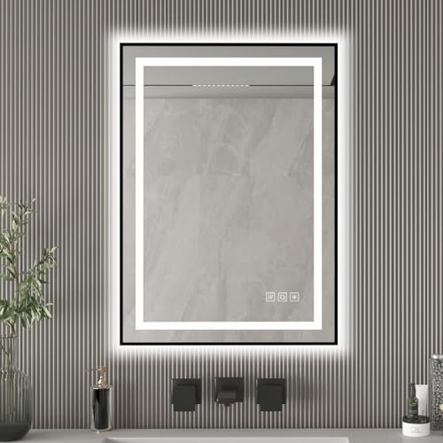 furduzz Badezimmerspiegel mit Beleuchtung, 500 x 700 mm, wandmontierter Kosmetikspiegel mit Vorder- und Hintergrundbeleuchtung, Memory-Funktion, dimmbar, beschlagfrei (horizontal/vertikal)
