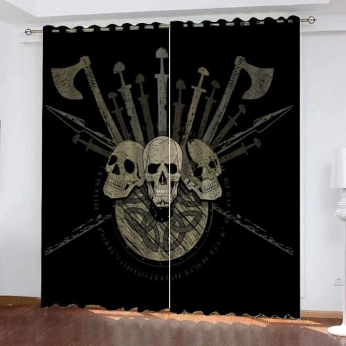 WIKINGER Vorhang mit ösen 2er Set B 280 X H 260 cm Totenkopf Gardinen Blickdicht Kälteschutz Schallschutz Verdunkelung Wärmeisolierende Vorhänge für Wohnzimmer Schlafzimmer