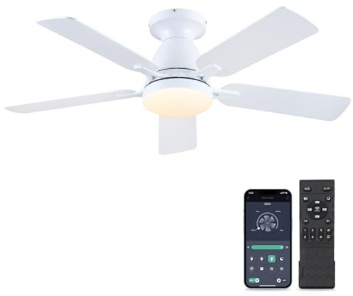 Ventiladores de techo-117CM ventilador de techo de interior de bajo perfil con la luz y el control remoto/APP,silencioso motor reversible, 5 palas ventiladores de techo modernos para interiores