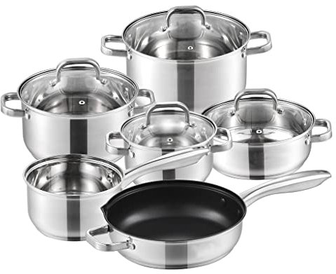 BONOOL Batterie de Cuisine en Acier Inoxydable, 10 pièces, poêle à Induction de sécurité, Casserole antiadhésive avec Couvercle en Verre, kit de Batterie de Cuisine.