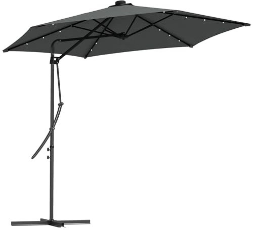 Outsunny Sombrilla Voladiza de 3 m con Luces LED Sombrilla de Jardín con Manivela y Base Cruzada Parasol Excéntrico para Exterior Patio Terraza Gris Oscuro