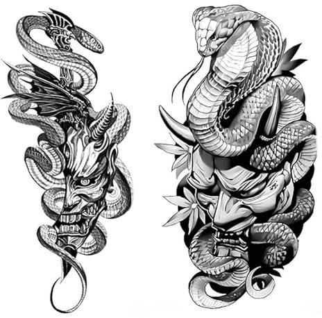 BeyondTattoos 2 Feuilles Cobra Japon Hannya Oni Masque Serpent Tatouage Temporaire XQB401 547