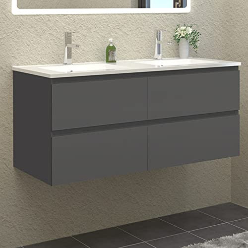 HAPAOSO Meuble de Salle de Bain Double Vasque 120 cm + Casier Couleur Anthracite(Quatre tiroirs)