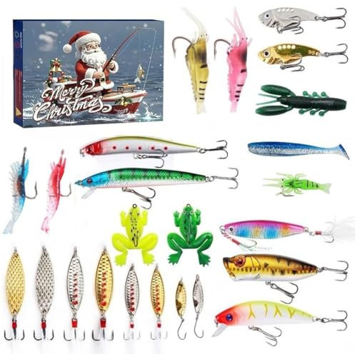 Rtyweth Angelköder Adventskalender für 2024 Weihnachten, 24 Stück Fischhaken-Adventskalender mit realistischen Augen und strukturierten Körpern für Süß- und Salzwasserangler