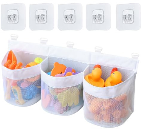 Filet Jouet Bain Bebe, Rangement Jouet Bain avec 3 Compartiments, Filet De Rangement Salle De Bain, Sac De Rangement Pour Jouets De Bain, Organisateur De Jouets De Bain, avec 5 Crochets Auto-Adhésifs