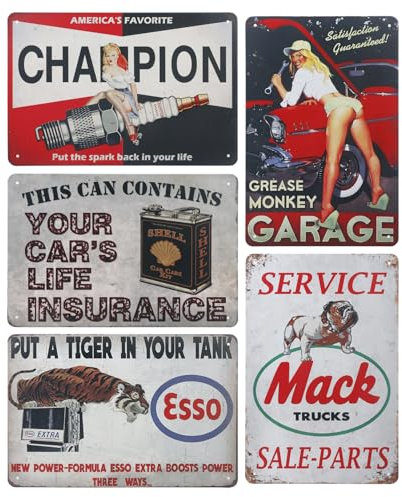 SPORWAY Lot de 5 plaques en tôle pour garage : 20 x 30 cm - Plaque en tôle rétro - Décoration vintage - Poster de voiture - Huile moteur - Magasin d'huile moteur - Décoration murale de maison - Bar (5
