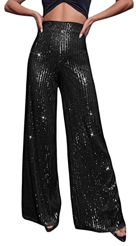 Himllauen Damenhose mit Pailletten, weites Bein, elegant, einfarbig, glänzend, hohe Taille, Frühling, Herbst, lockere Hose für Club, Party, Streetwear, ästhetische Kleidung