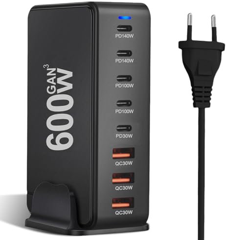 600W USB C Ladegerät 8-Port, Schnellladegerät Adapter Mehrfach mit GaN III und PD 3.1, mit 5 USB-C und 3 USB-A PD 3.1 Charger 140W Netzteil für MacBook, iPhone, Laptop, iPad, Samsung