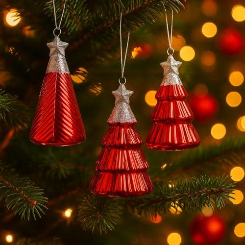 Addobbo Albero di Natale con Alberello Rosso Assortito, Decorato con Stelle Argentate, per un Tocco Elegante e Festivo al Tuo Albero di Natale 13cm - Varzi dal 1956