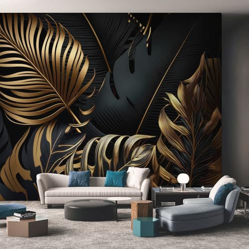 Black and Gold Leaf Wallpaper Mural, Tropical Jungle Plant Wall Mural, Non-woven Print Photo Wallpaper for Bedroom Living Room Decor 100x70 cm - Yk155