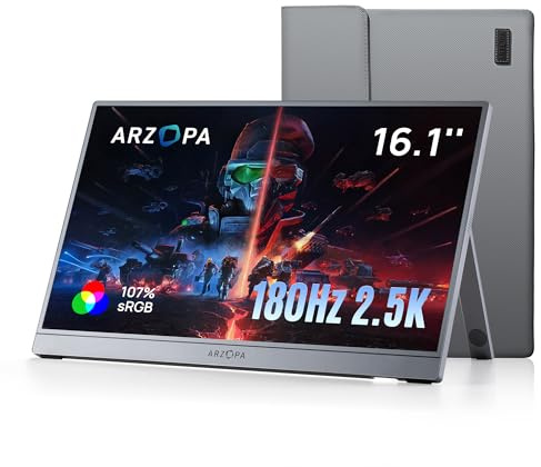 ARZOPA Z3FC Monitor portátil para juegos, 40,6 cm (16,1 pulgadas), 180 Hz y 2,5 K, con soporte, 106% sRGB, monitor portátil externo como segunda pantalla para ordenador portátil, PC, PS5, Mac y Xbox