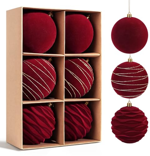 Miaikoe 6 Stück Samt Weihnachts Ornamente Kugeln Sets für Weihnachten, Kunststoff zerstörungsdicht Weihnachtsbaum Flocked 10 cm Ornamente Kugeln für Winter Urlaub Dekor (Rot)