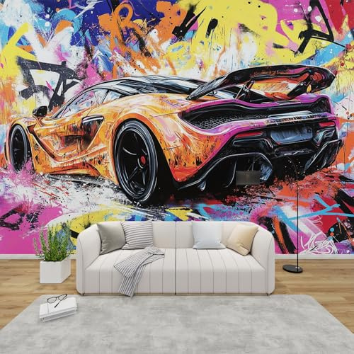 QEODAH 3D Tapete Rennwagen Schlafzimmer, Fototapete Jungen Coole Sportwagen, Vliestapete Bunte, Tapeten Wohnzimmer, Bunte Graffiti Wand Deko Kinderzimmer, Wandtapete, Mustertapete Vlies 350x256 cm