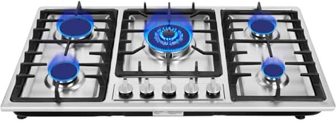 Gaskochfeld 5-Flammig Einbauherd, Edelstahl Gas Stove, 10kW, Gas Herd mit Wok-Brenner & Flammenschutz, Schwarz