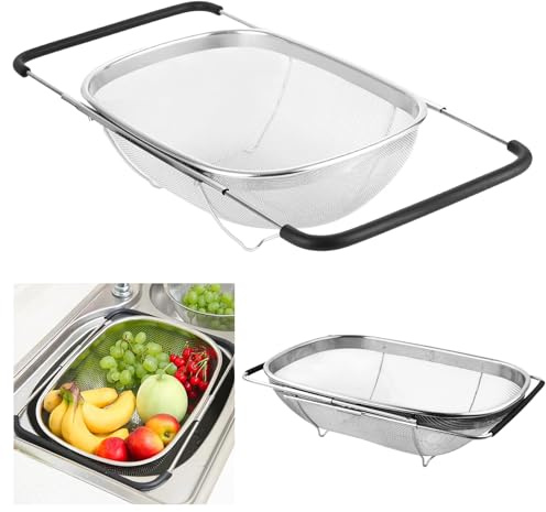 Colador Fregadero de Cocina Extensible, Cesta Escurridor Fregadero de Acero Inoxidable, con Cesta Fina Y Asas de Goma para Lavar Verduras y Frutas, Escurrir Pasta Cocida y Platos Secos, 36-55.5x24x10