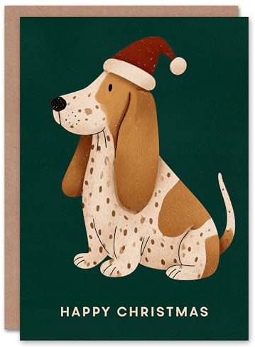 Artery8 Personalised Christmas Card Cute Brown Spotted Basset Hound Dog in Santa Hat