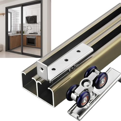 Rail Porte Coulissante Kit de Quincaillerie Robuste pour Porte Coulissante Double de Placard, Rail de Suspension à 4 Roulettes Compatible(Champagne,6m(19.7ft))