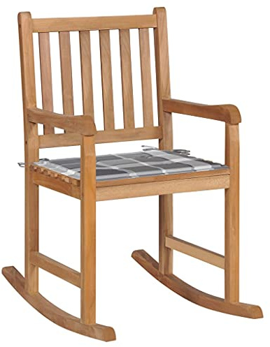 Owoxanthellate Owox Teak Garten-Schaukelstuhl 58×92,5×106 cm mit Karokissen, Indoor-Outdoor, massiv, grau