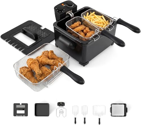GiantexUK 2000W Electric Deep Fryer, 3L/5L Deep Fat Fryer with Viewing Window, Removable Oil Basket, Adjustable Temperature & Timer, Frying Machine for Fried Chicken Chips (5L, 3 Baskets)